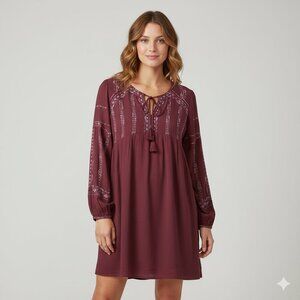 KNOX ROSE Dress Embroidered V-Neck Tassel Tie Long Sleeve Woven Maroon Size L
